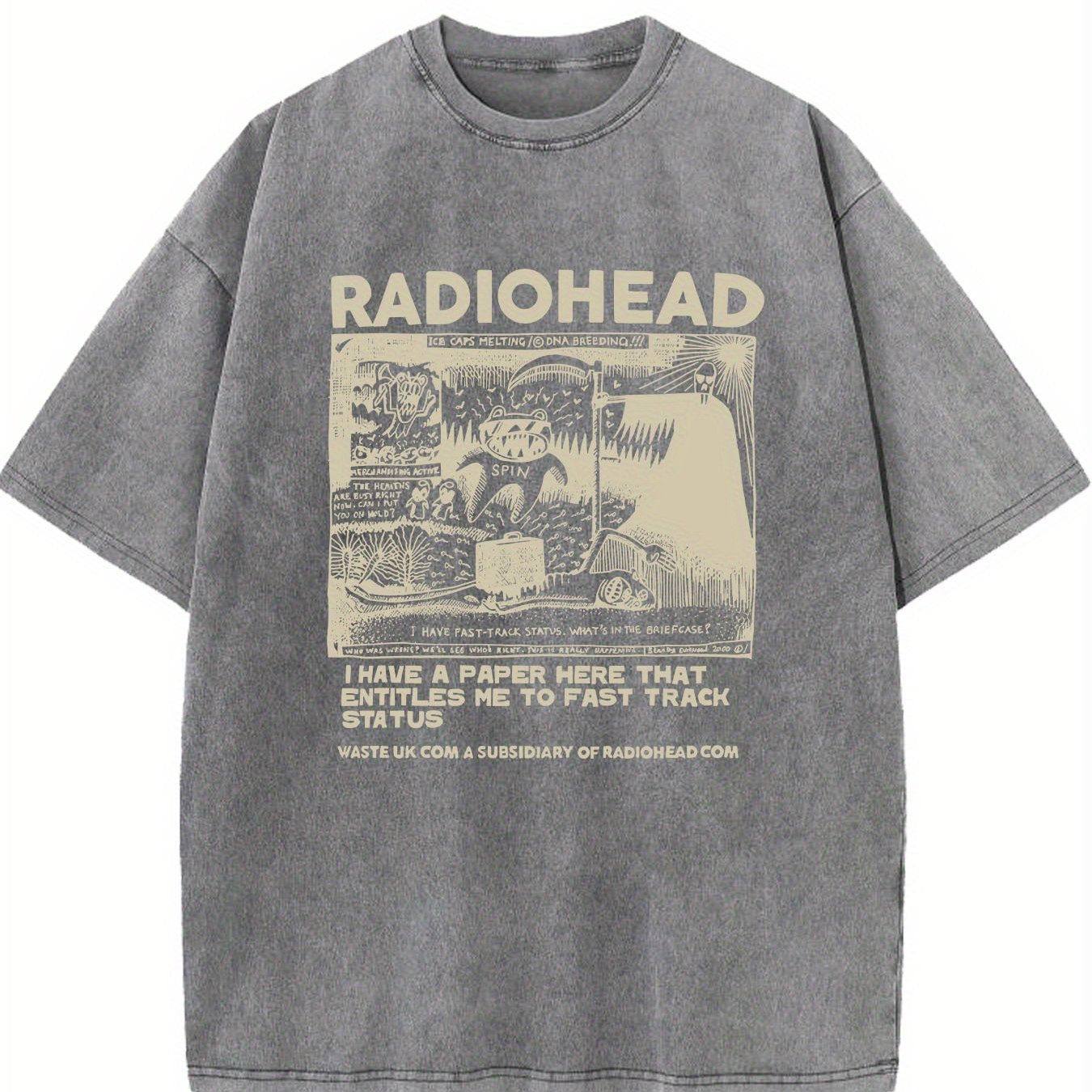 Men's casual retro washed 230g 100 cotton Light Grey T-shirt short sleeves WithRadiohead Graphic Tee Breathable and sweat-absorbing Comfortable top All seasons are suitable for machine wash festivals the perfect deliver gift