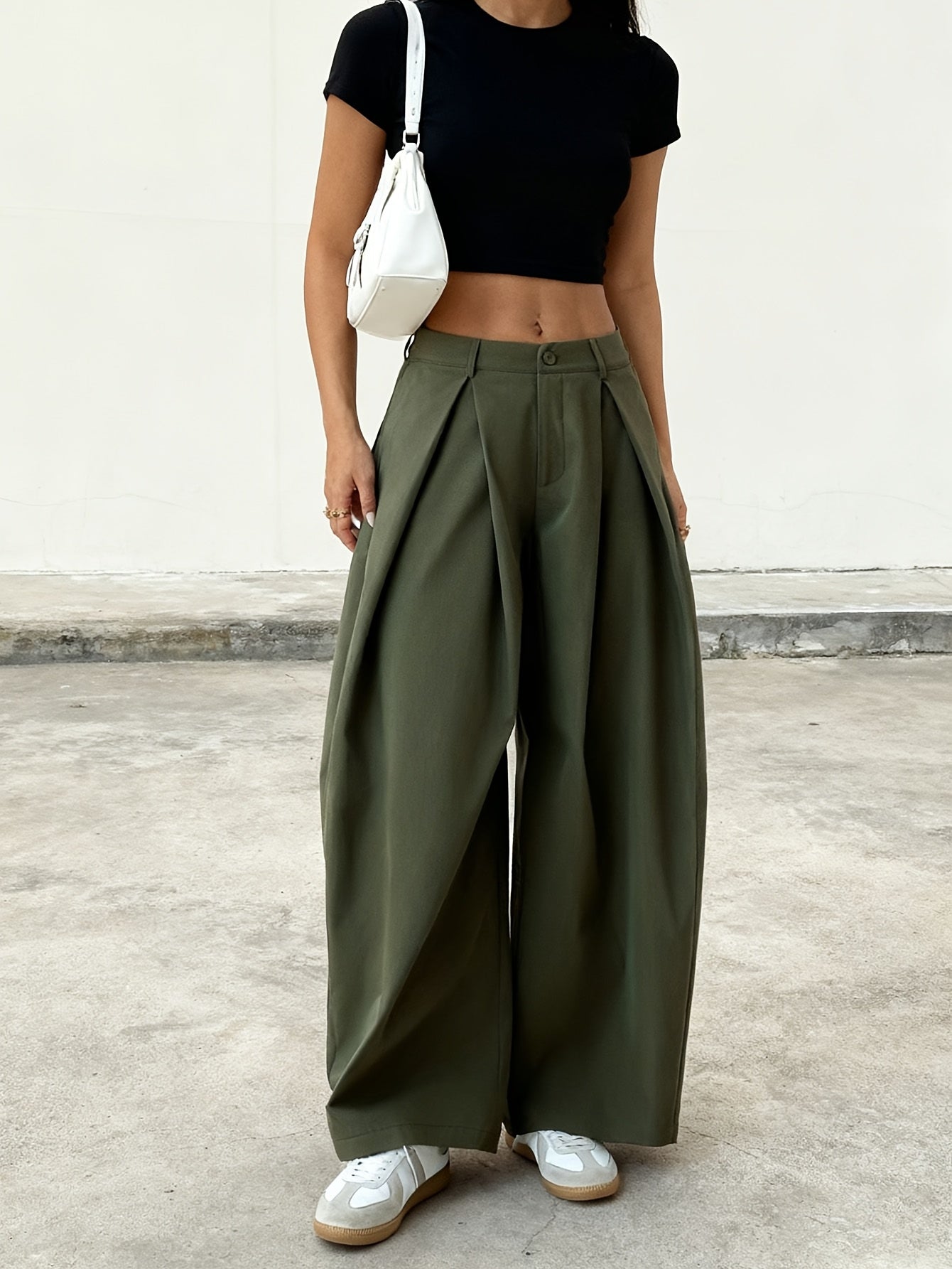 Drapey Loose Fit Wide Leg Trousers Women Mid Rise Pleated Casual Fashion Bottoms for Spring Summer Daily Wear, Office, Travel & Street Style