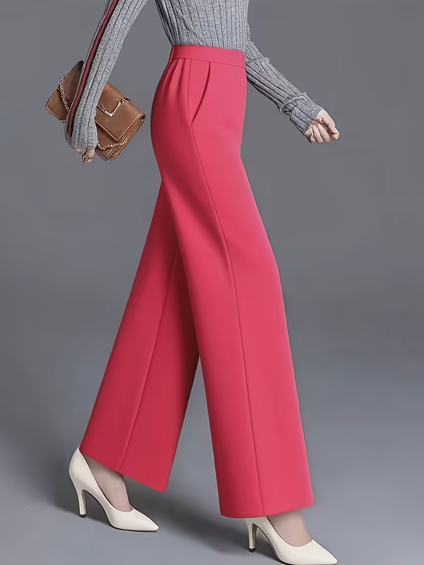 Women's Elegant High-Waisted Slant Pocket Solid Color Straight-Leg Pants