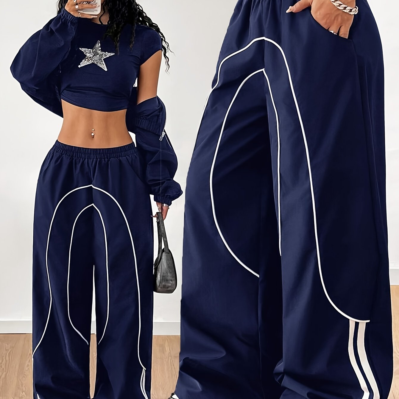 2025 New Fashion for : Back to Braided Belt, Black Wide-Leg Jogging Pants, Celebrity Style Hot Item