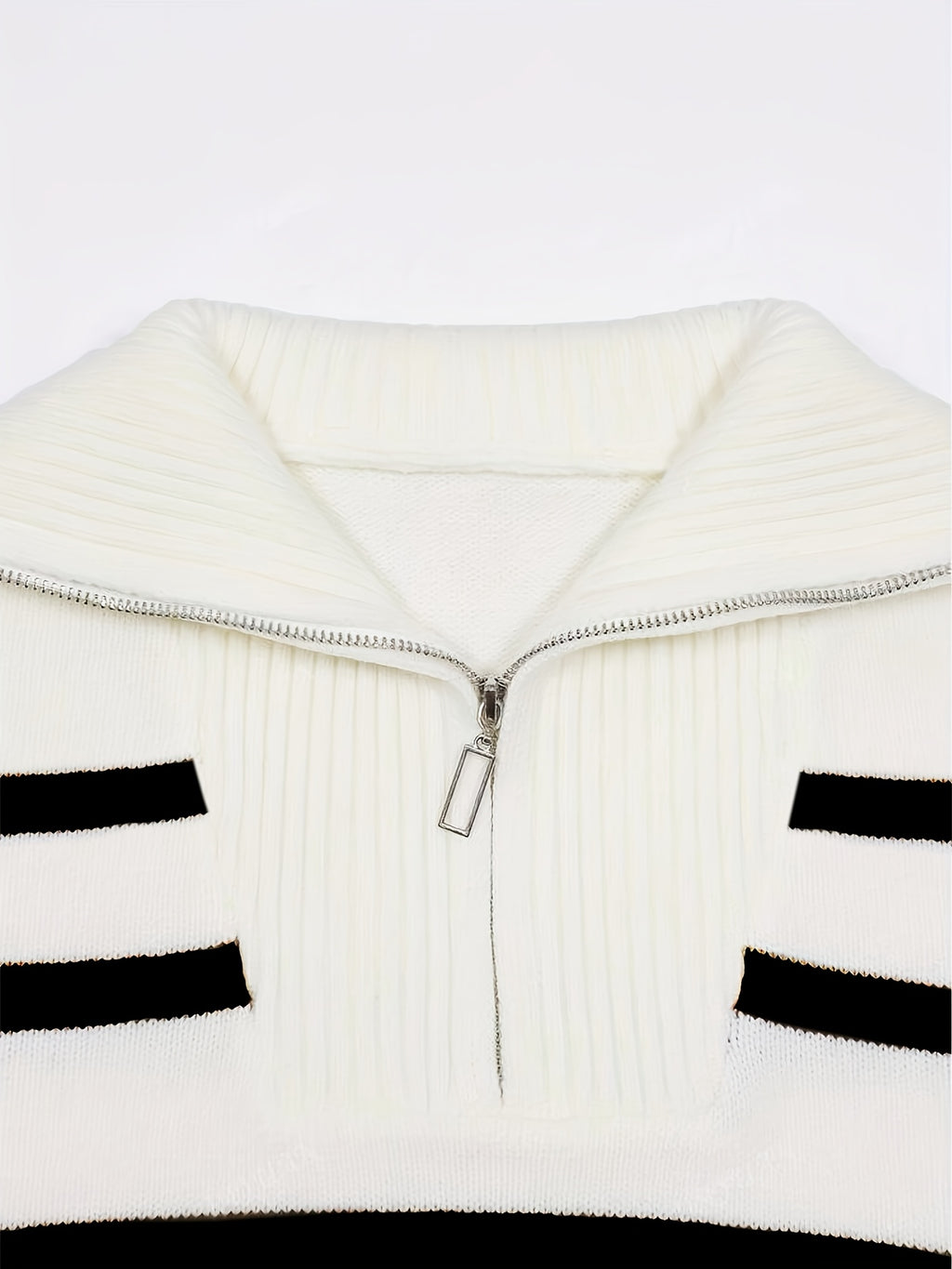 Women's Elegant Striped Sweater - Loose Fit Zippered Front High Neck Pullover, Medium Stretch Opaque Fall Winter Sweating-Looking Suitable for Daily or Formal Wear
