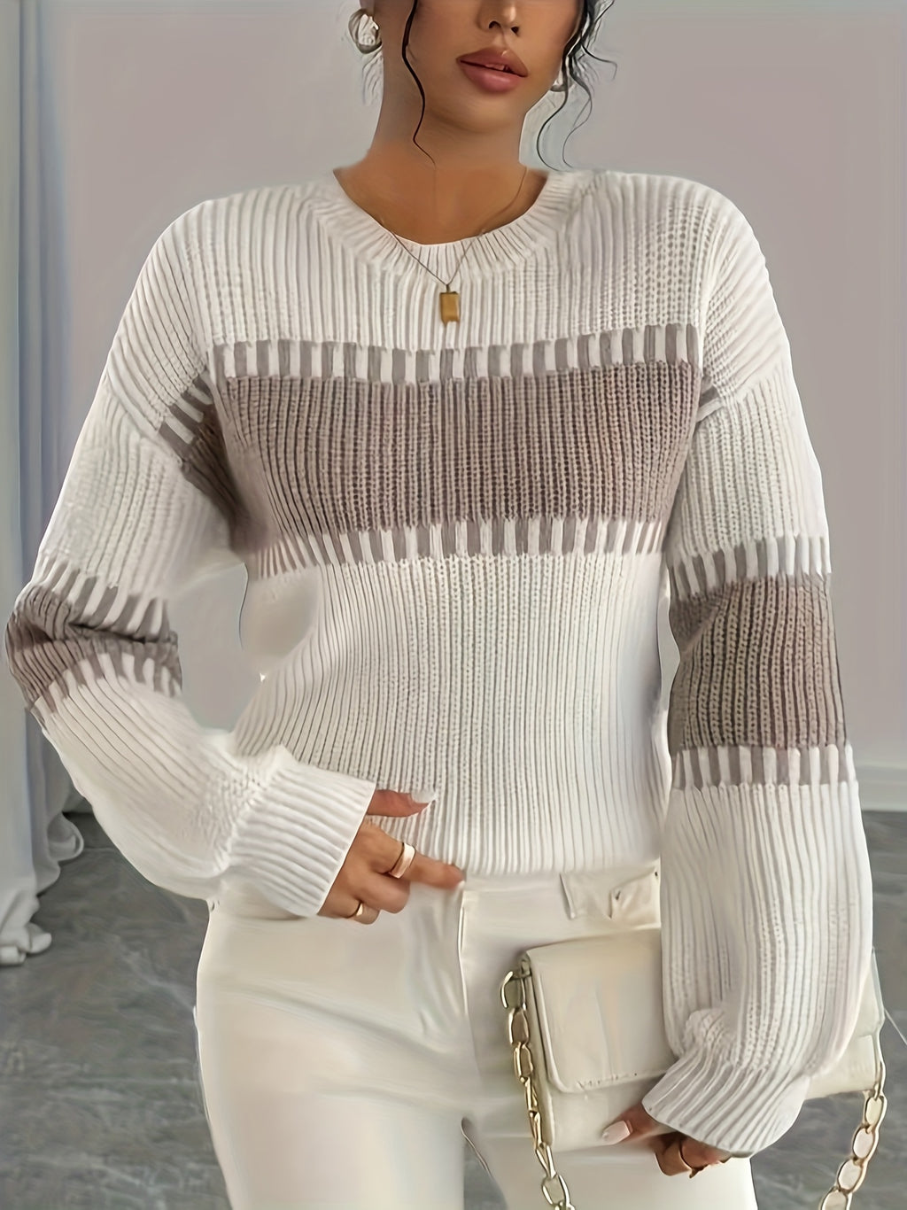 Women'S Sweater - Long Sleeve Round Neck Pullover Sweater with /Brown/ Horizontal Stripes, Drop Shoulder Design for Fall/Winter Layering