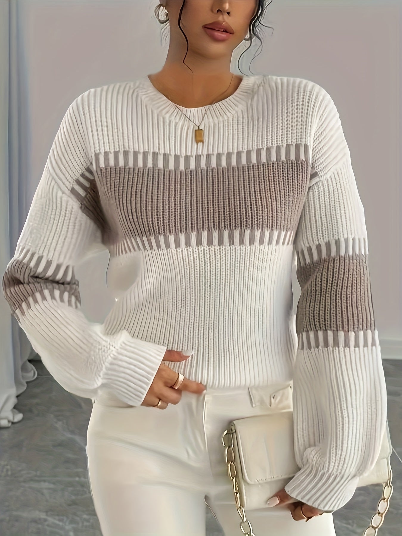 Women'S Sweater - Long Sleeve Round Neck Pullover Sweater with /Brown/ Horizontal Stripes, Drop Shoulder Design for Fall/Winter Layering
