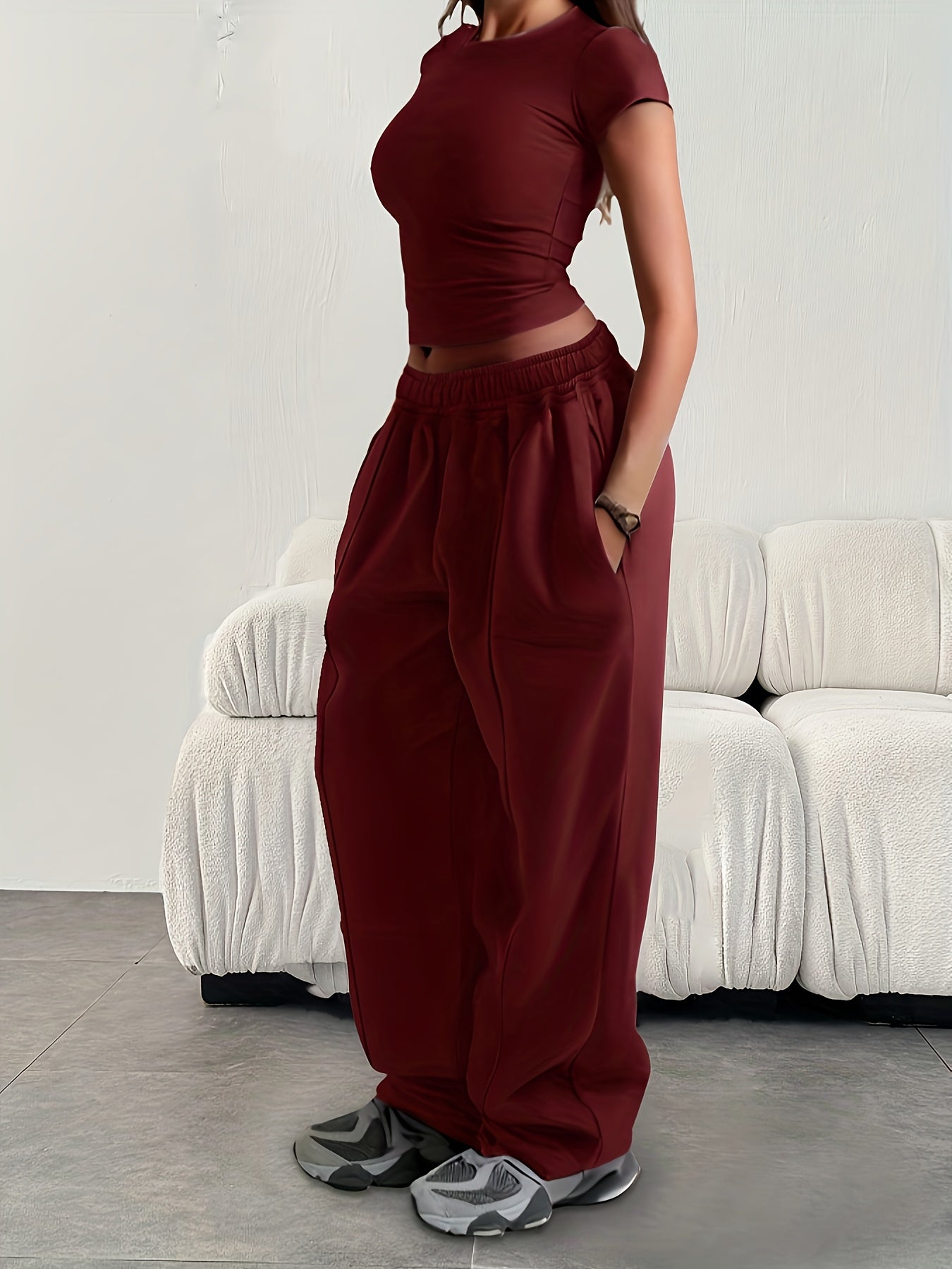 Women'S Casual Loose-Fitting Solid Color Elastic Waist Sports Pants