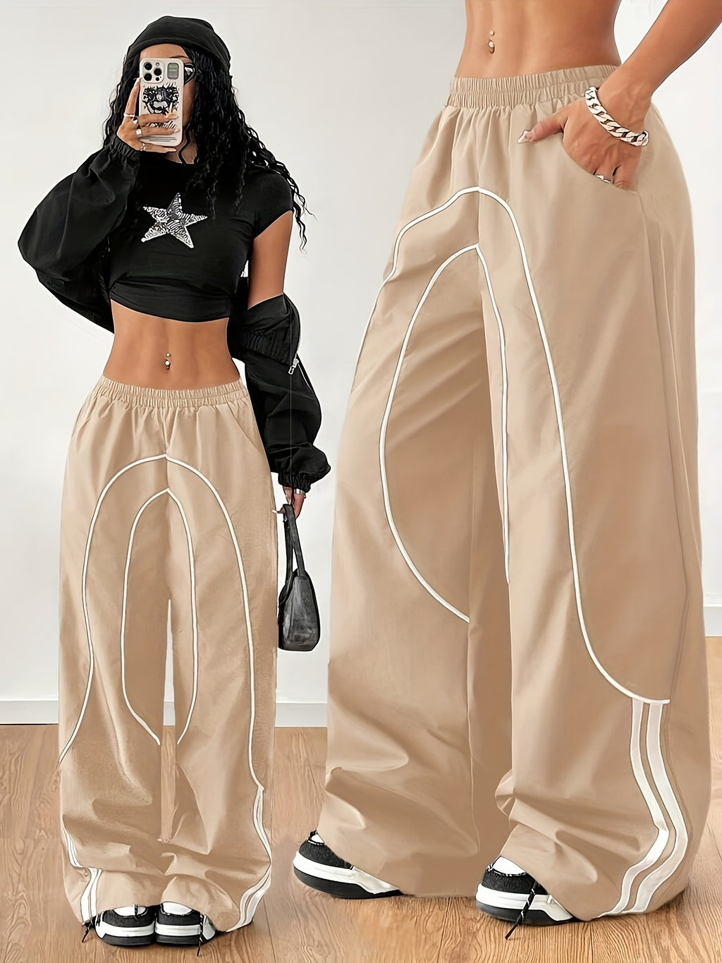 2025 New Fashion for : Back to Braided Belt, Black Wide-Leg Jogging Pants, Celebrity Style Hot Item
