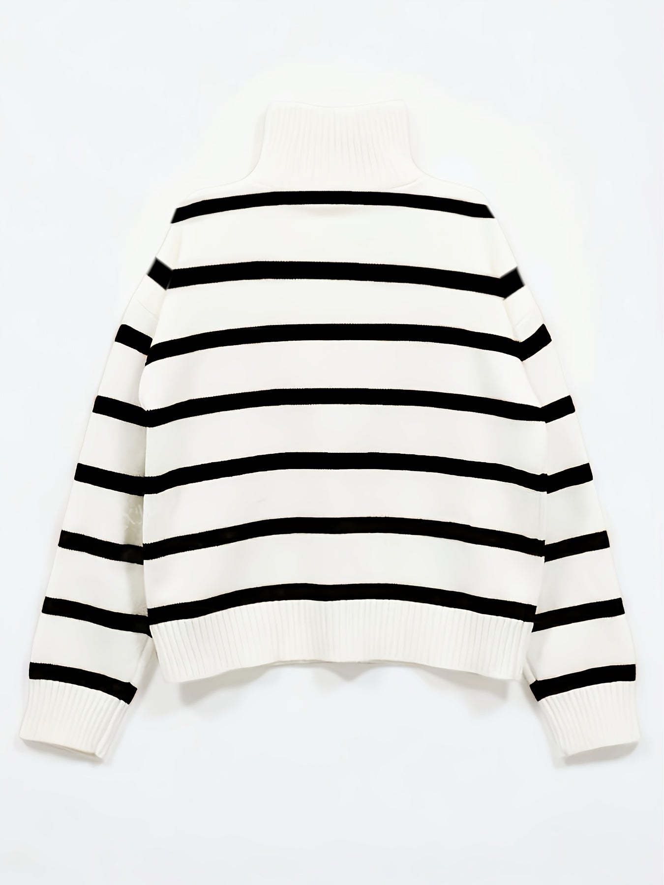 Women's Elegant Striped Sweater - Loose Fit Zippered Front High Neck Pullover, Medium Stretch Opaque Fall Winter Sweating-Looking Suitable for Daily or Formal Wear