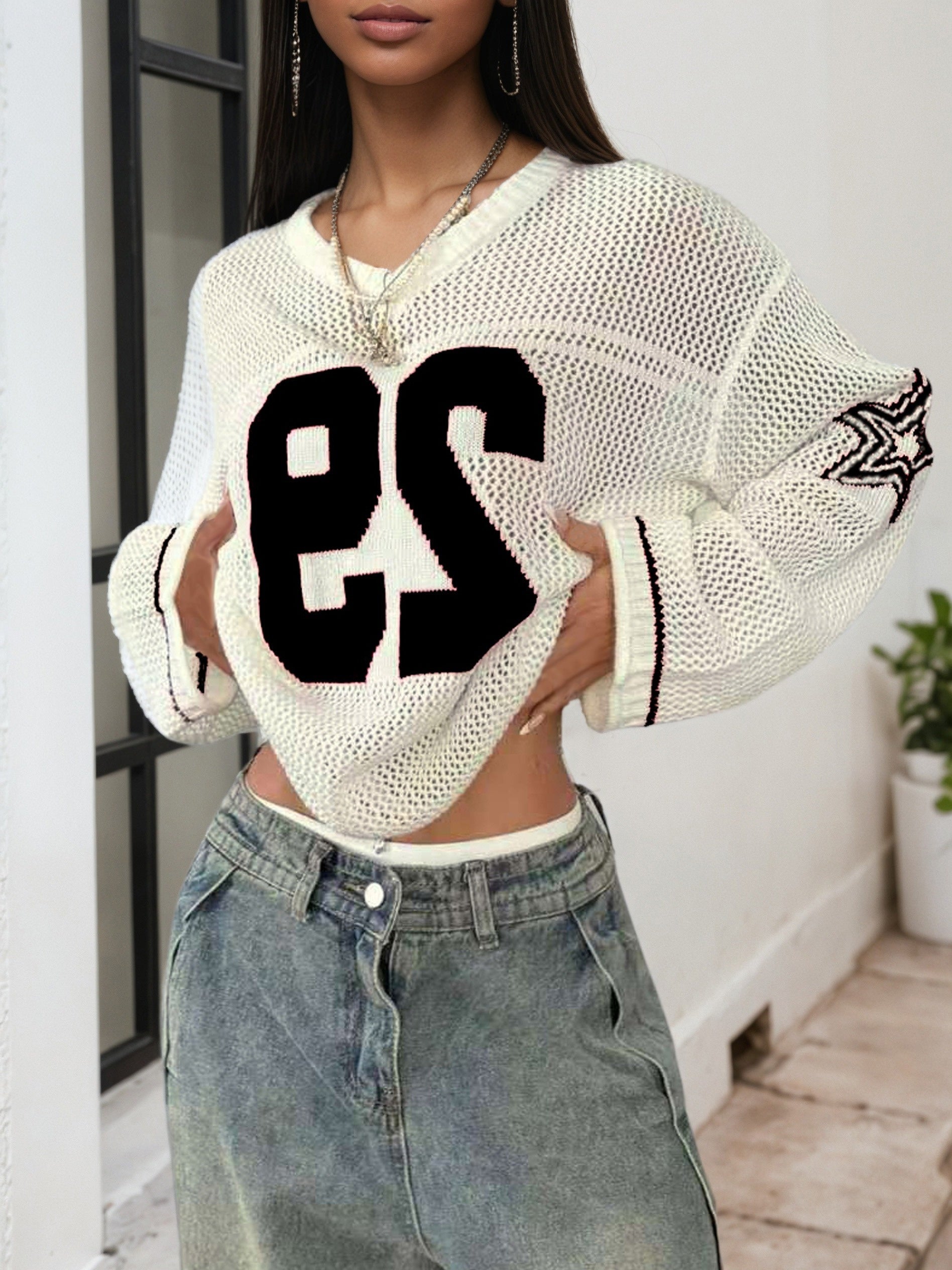 Women's Pullover V-neck Long-sleeve Shirt; 29 Letters