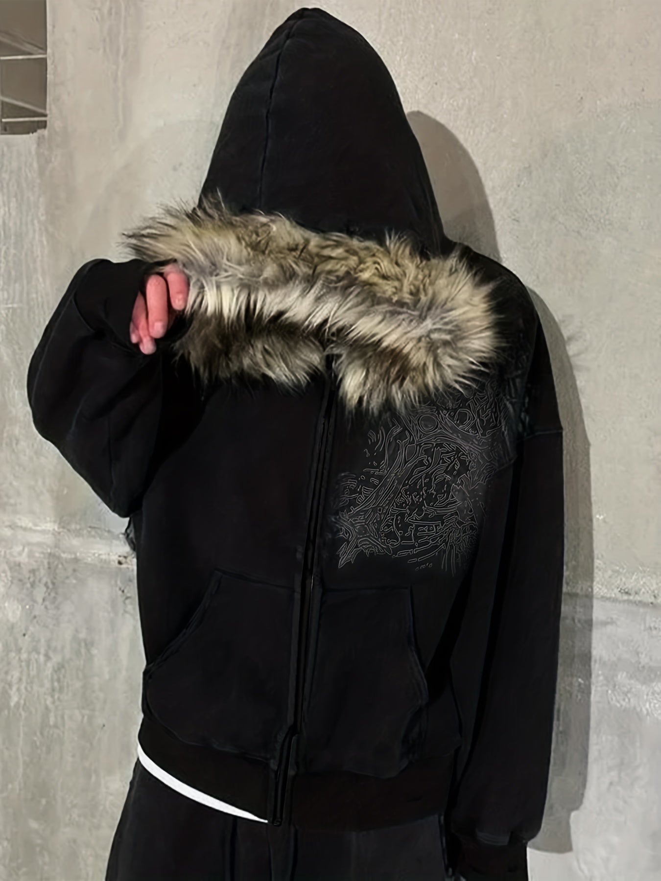 Y2K Streetwear Vintage Warm Cardigan Unisex Loose Hooded Sweatshirt Winter Fashion Furry Collar Hooded Sweatshirt Street Style Skull Print Zipper Hoodie Lucky Charm