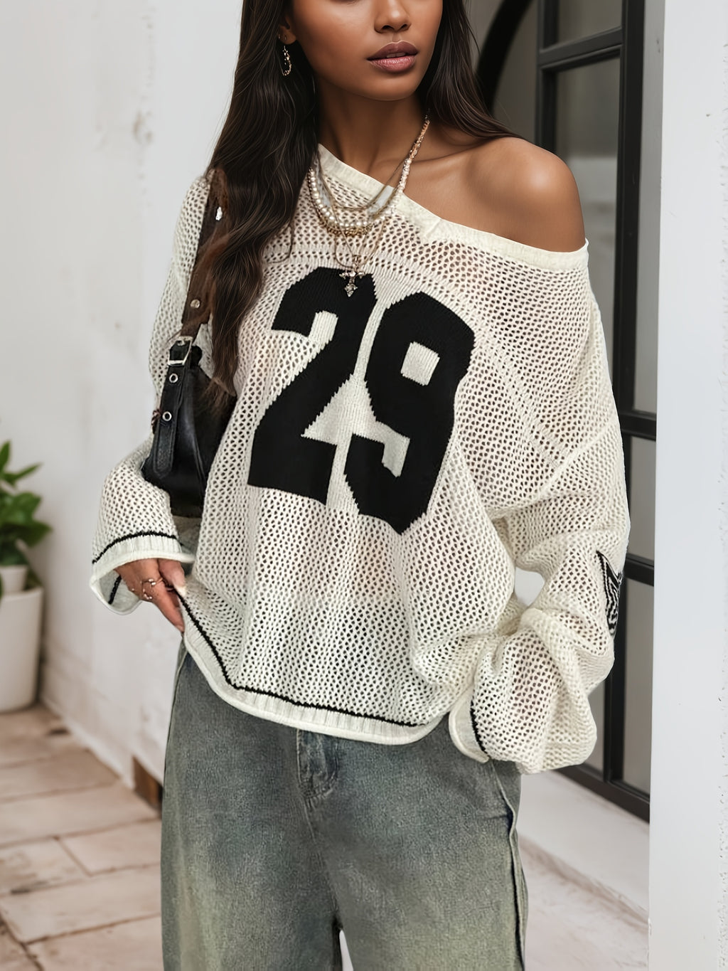 Women's Pullover V-neck Long-sleeve Shirt; 29 Letters