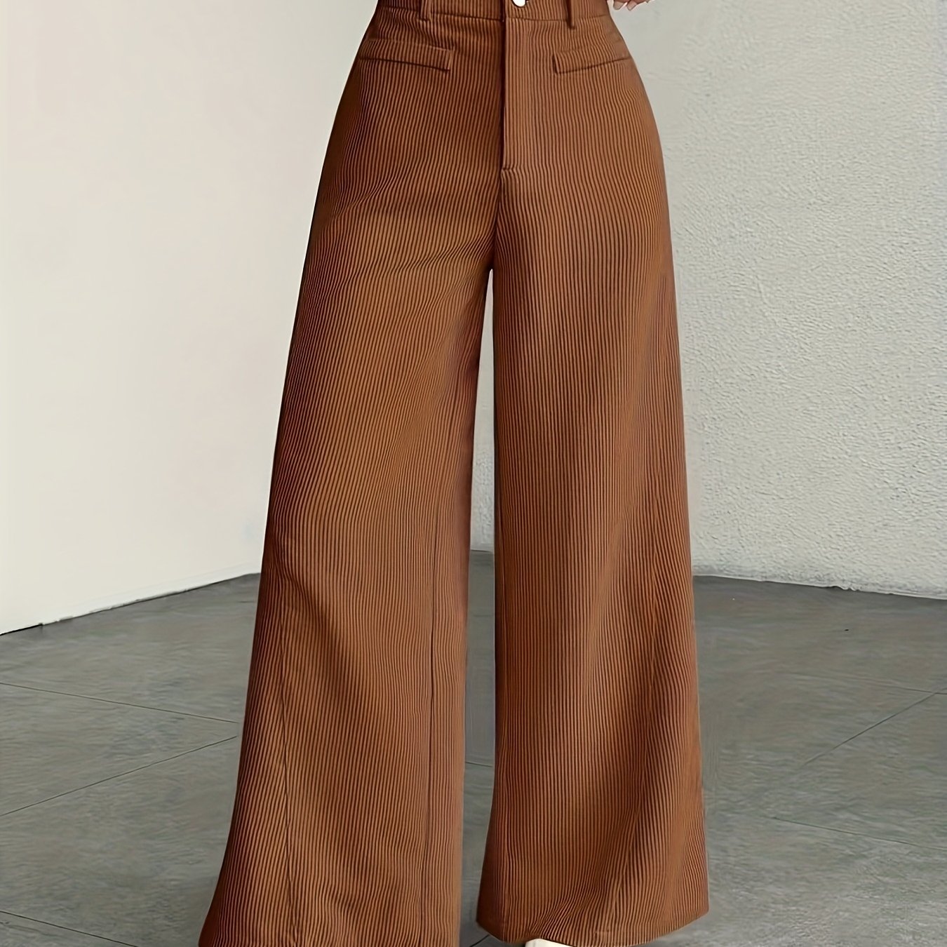 Women's High-Waisted Wide-Leg Pants - Corduroy Texture Casual Long Pants, All-Season Comfort, Machine Washable Beige Trousers
