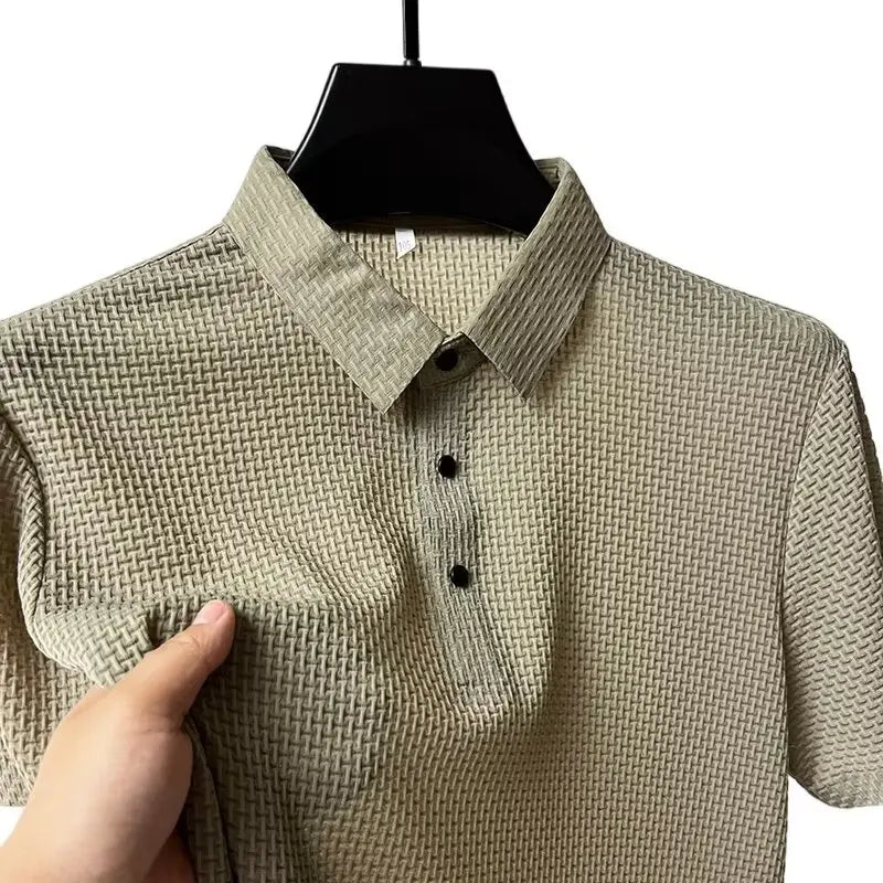 New Men's Business Casual Short Sleeved Bone Flower Solid Color POLO Shirt Fashion Breathable Comfortable Summer Versatile Top