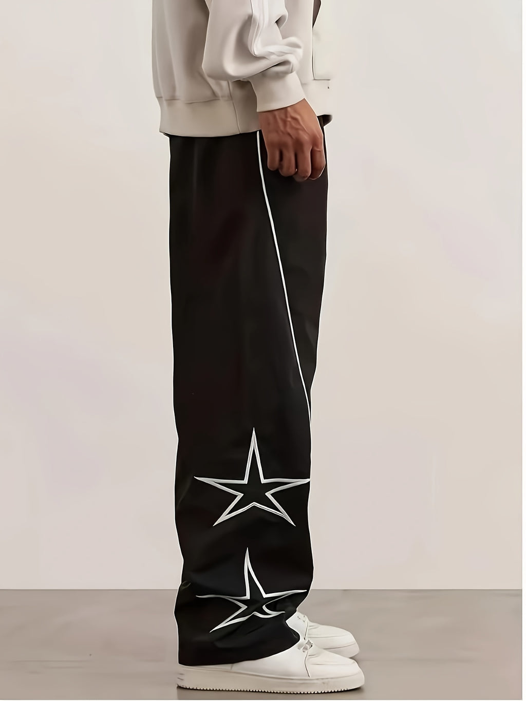 Autumn and Winter Men's Heavyweight Casual Pants with Loose Fit, Wide-Leg Drawstring Trousers Featuring Star Embroidery for Christmas Parties
