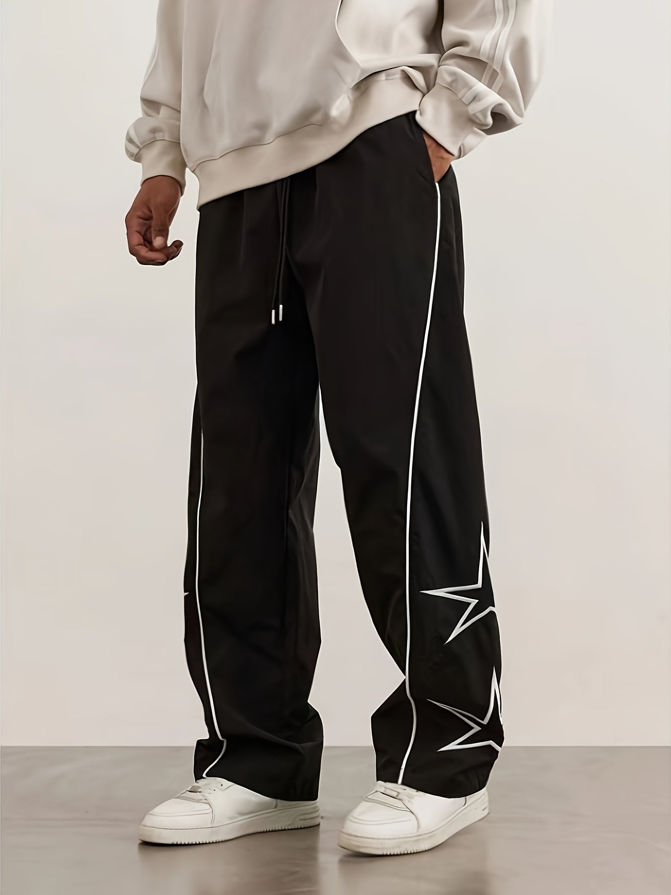 Autumn and Winter Men's Heavyweight Casual Pants with Loose Fit, Wide-Leg Drawstring Trousers Featuring Star Embroidery for Christmas Parties
