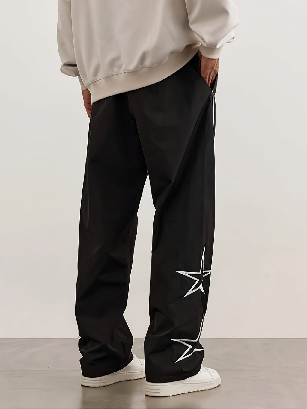 Autumn and Winter Men's Heavyweight Casual Pants with Loose Fit, Wide-Leg Drawstring Trousers Featuring Star Embroidery for Christmas Parties