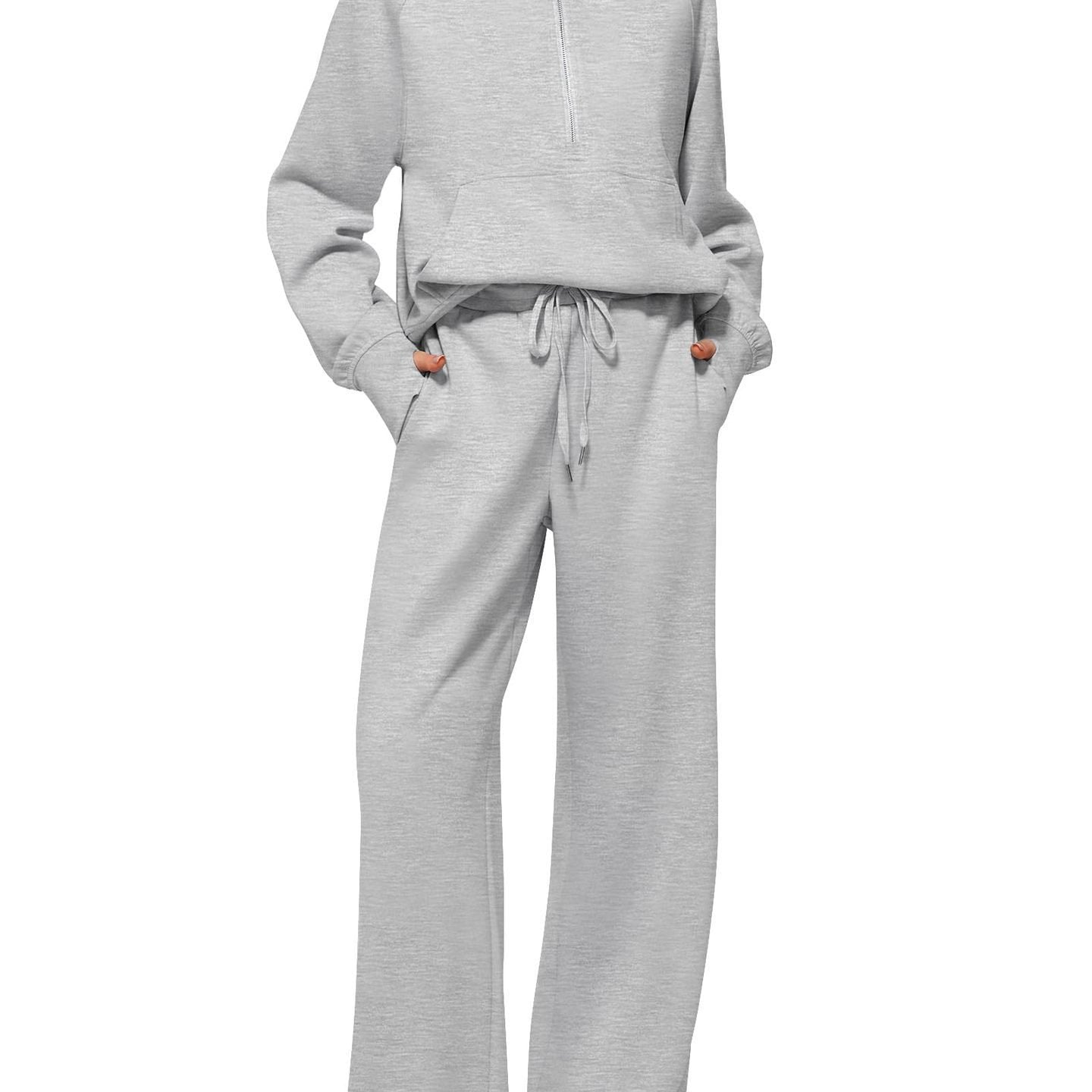 2pcss Women'S Oversized Half-Zip Sweatshirt and Wide Leg Sweatpants Set | Trendy 2pcss Matching Set, Chic Spring Sporty Outfits, Long Sleeve, Stand Collar, Pocket Details, Solid Color, Slight Stretch Fabric