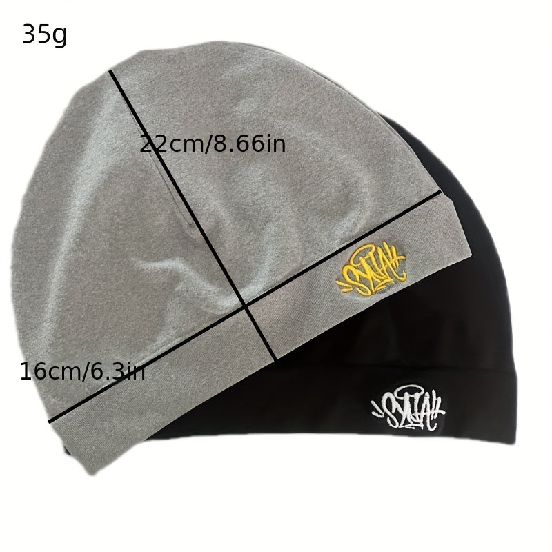 Synaworld Embroidered Beanie Hat - Dopamine Color Series, Double-Layer Warm Pullover with "Synthetic" Design, Black, Polyester, Hand Washable, Casual & Versatile for Outdoor Activities, Outdoor Headwear | Stylish Headgear | D