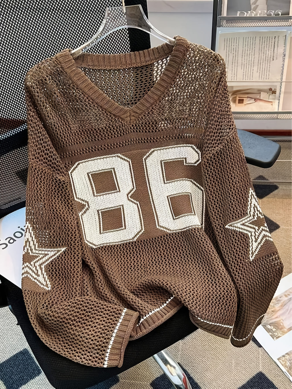 2025 New American Retro Style Solid Color V-neck Sweater | Star Print, Loose-Fit, Sun-Protective Pullover