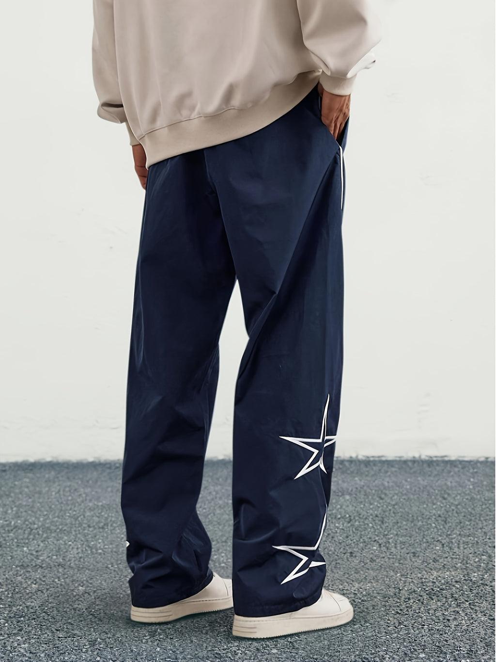 Autumn and Winter Men's Heavyweight Casual Pants with Loose Fit, Wide-Leg Drawstring Trousers Featuring Star Embroidery for Christmas Parties