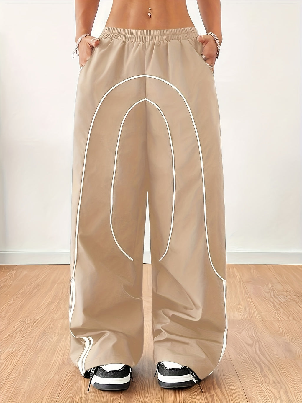 2025 New Fashion for : Back to Braided Belt, Black Wide-Leg Jogging Pants, Celebrity Style Hot Item