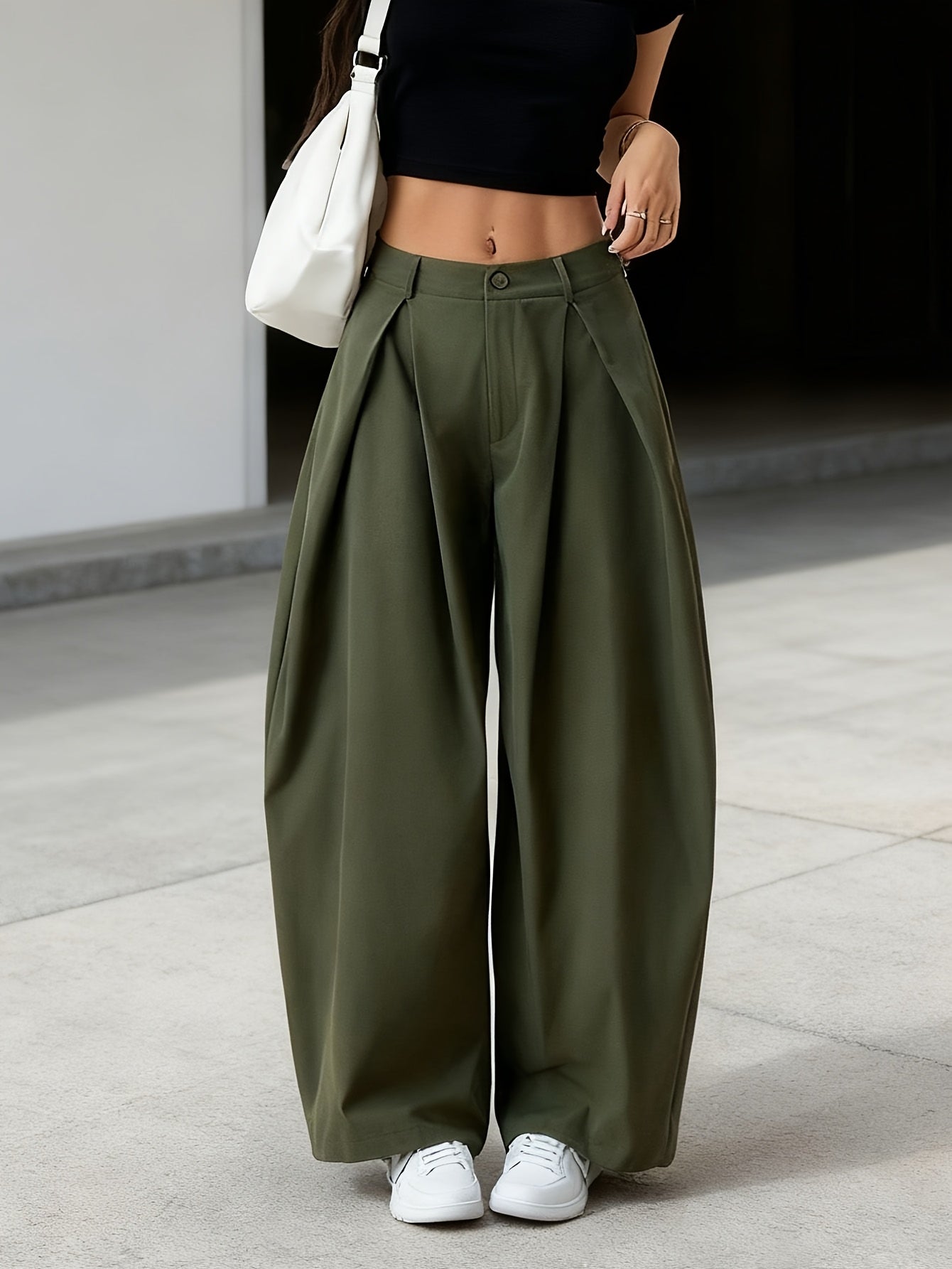 Drapey Loose Fit Wide Leg Trousers Women Mid Rise Pleated Casual Fashion Bottoms for Spring Summer Daily Wear, Office, Travel & Street Style