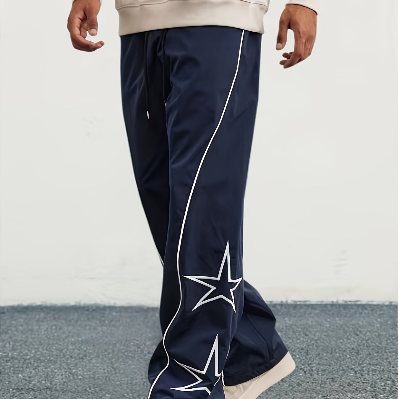 Autumn and Winter Men's Heavyweight Casual Pants with Loose Fit, Wide-Leg Drawstring Trousers Featuring Star Embroidery for Christmas Parties