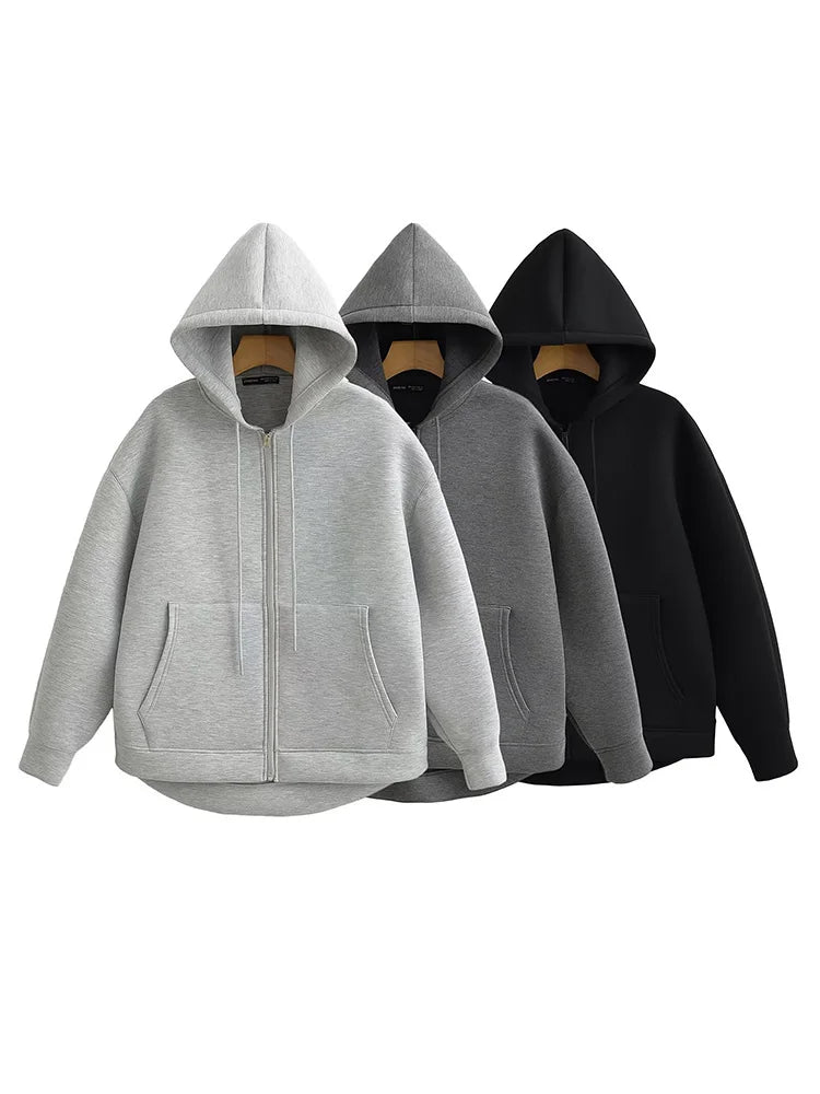 HH 2025 Casual Women's Soild Zipper Hoodie Long Sleeve Big Pocket Zipper Jacket With Hood Female Loose Outerwear Coat Tops