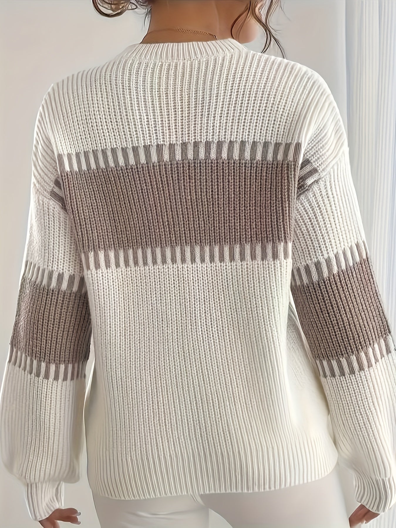 Women'S Sweater - Long Sleeve Round Neck Pullover Sweater with /Brown/ Horizontal Stripes, Drop Shoulder Design for Fall/Winter Layering