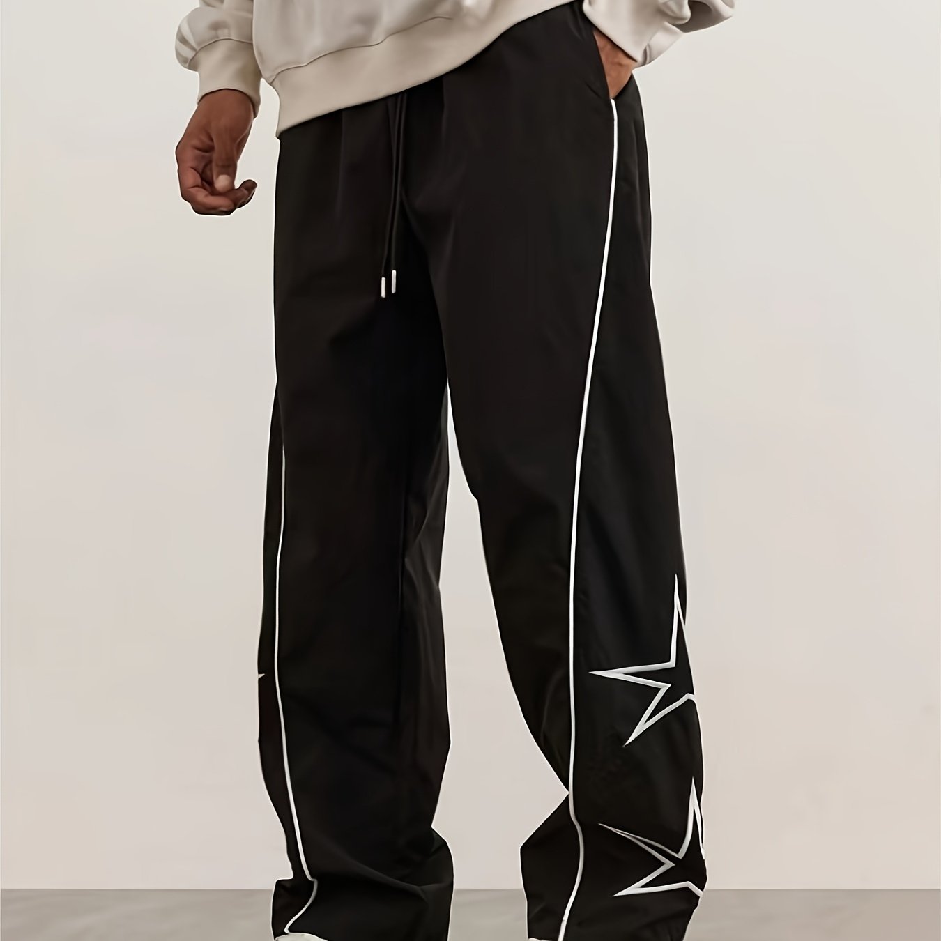 Autumn and Winter Men's Heavyweight Casual Pants with Loose Fit, Wide-Leg Drawstring Trousers Featuring Star Embroidery for Christmas Parties