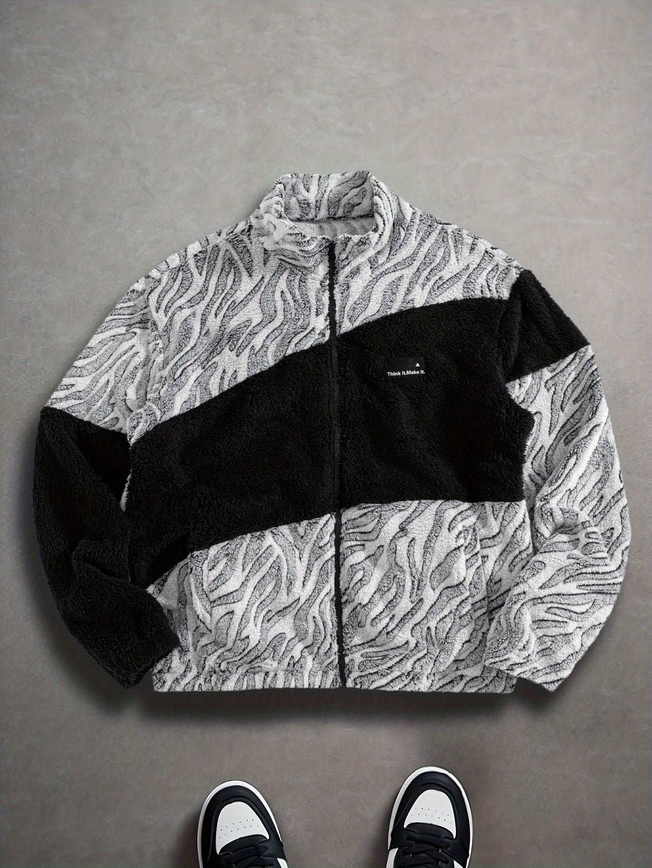 Christmas Gifts for Men Include a Trendy Black Plush Jacket with a Zip-Up Collar And Double Pockets, Featuring a Striking Zebra Pattern. The Fabric Is Thick, Warm, Soft, And Comfortable, Perfect for Everyday Outings, Commutin