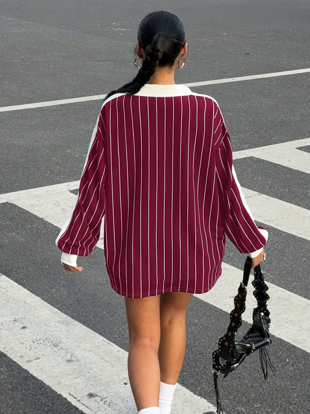 New Loose-Fitting Autumn And Winter Street Style Women'S American Striped Polo Shirt