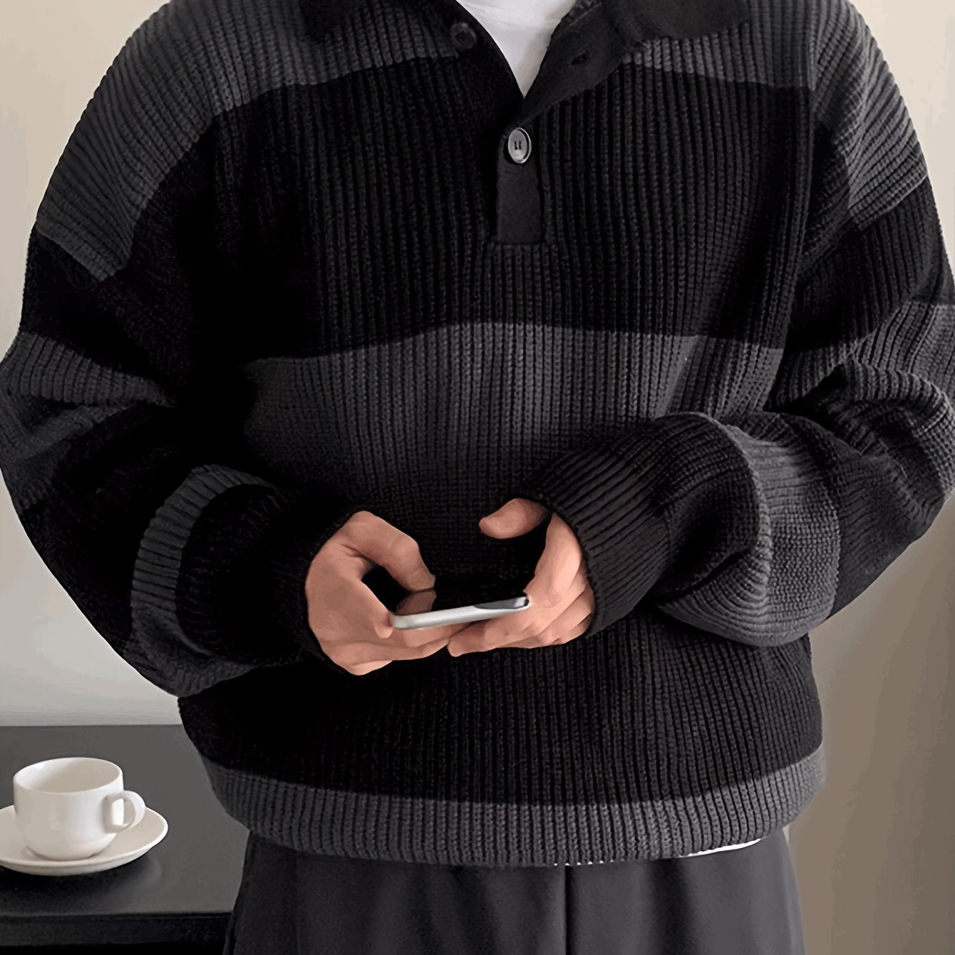 Men's American Street Korean Business Commuter Trendy Casual Versatile Striped Collar Pullover Knit Sweater