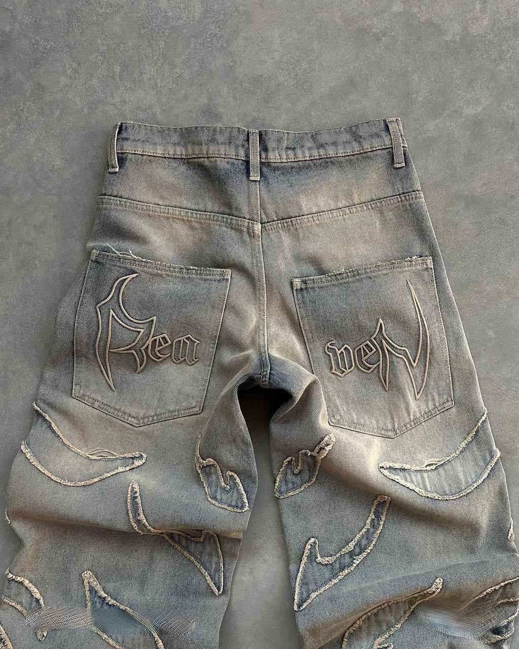 Y2k Retro Gothic Streetwear Raw Edge Embroidery Patchwork Baggy Jeans Men Fashion Hip Hop High Waist Denim Pants Ripped Jeans