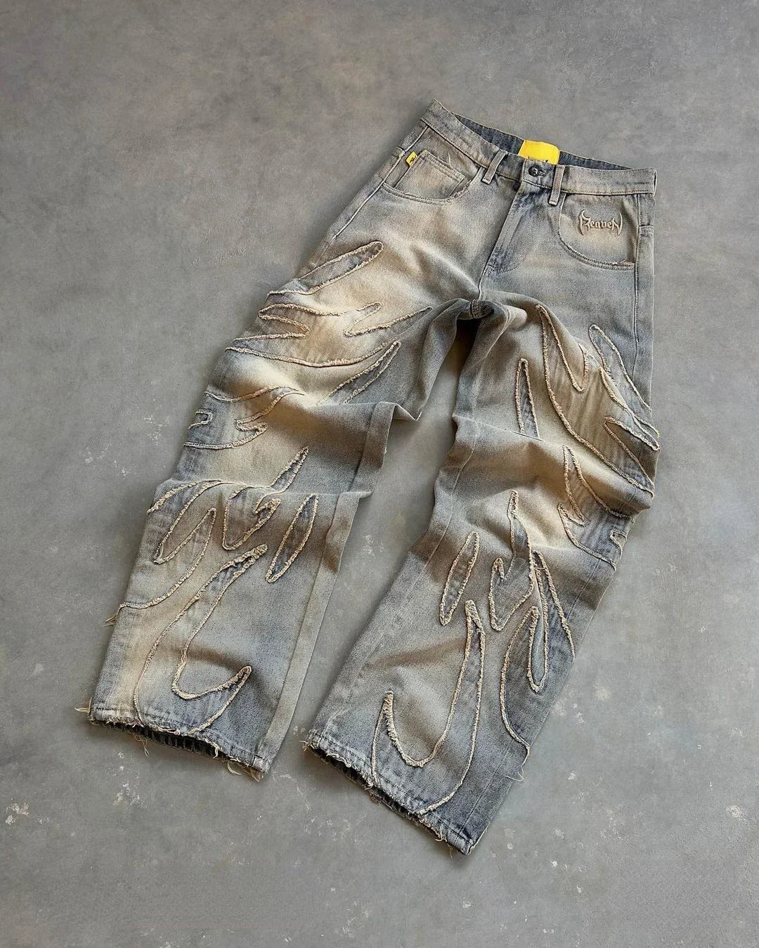 Y2k Retro Gothic Streetwear Raw Edge Embroidery Patchwork Baggy Jeans Men Fashion Hip Hop High Waist Denim Pants Ripped Jeans