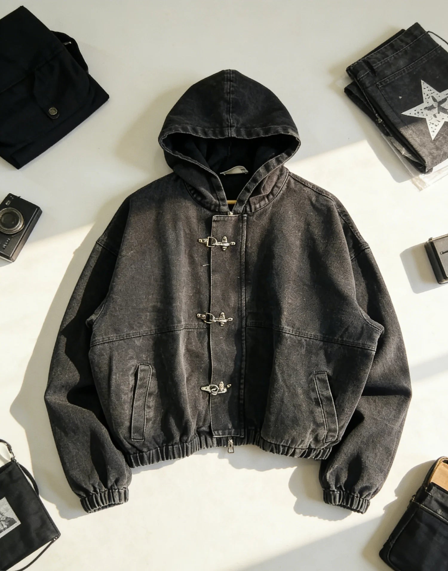 New Street Punk Clothing Fashion Metal Buttonoversized Hoodies Men Y2K American Retro Gothic Trendy Brand Casual Zipper Hoodie