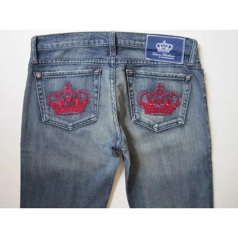 Harajuku Y2K crown graphic pocket embroidery high quality oversized jeans for women high street slim sexy casual straight pants