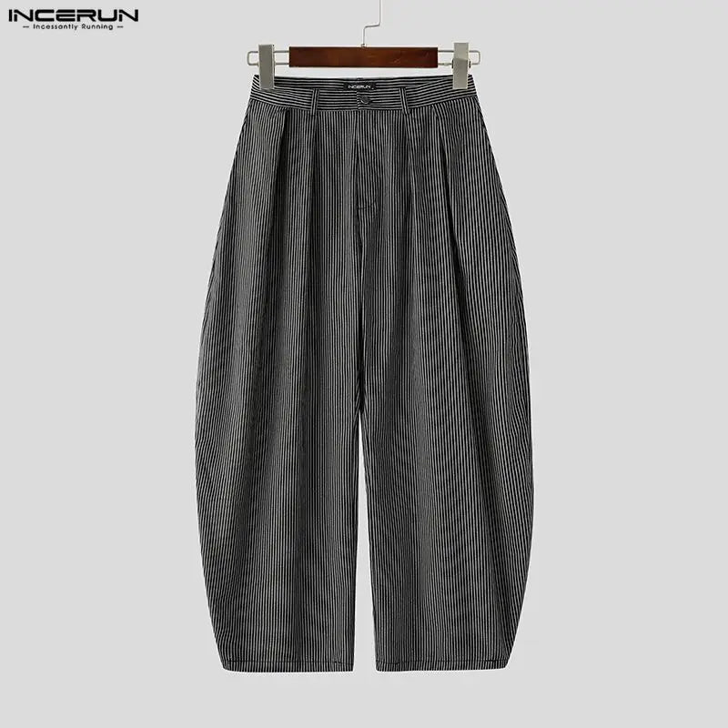 INCERUN Men Striped Pants Joggers Button Oversize Pleated Casual Wide Leg Trousers Men Streetwear Fashion Leisure Male Pants
