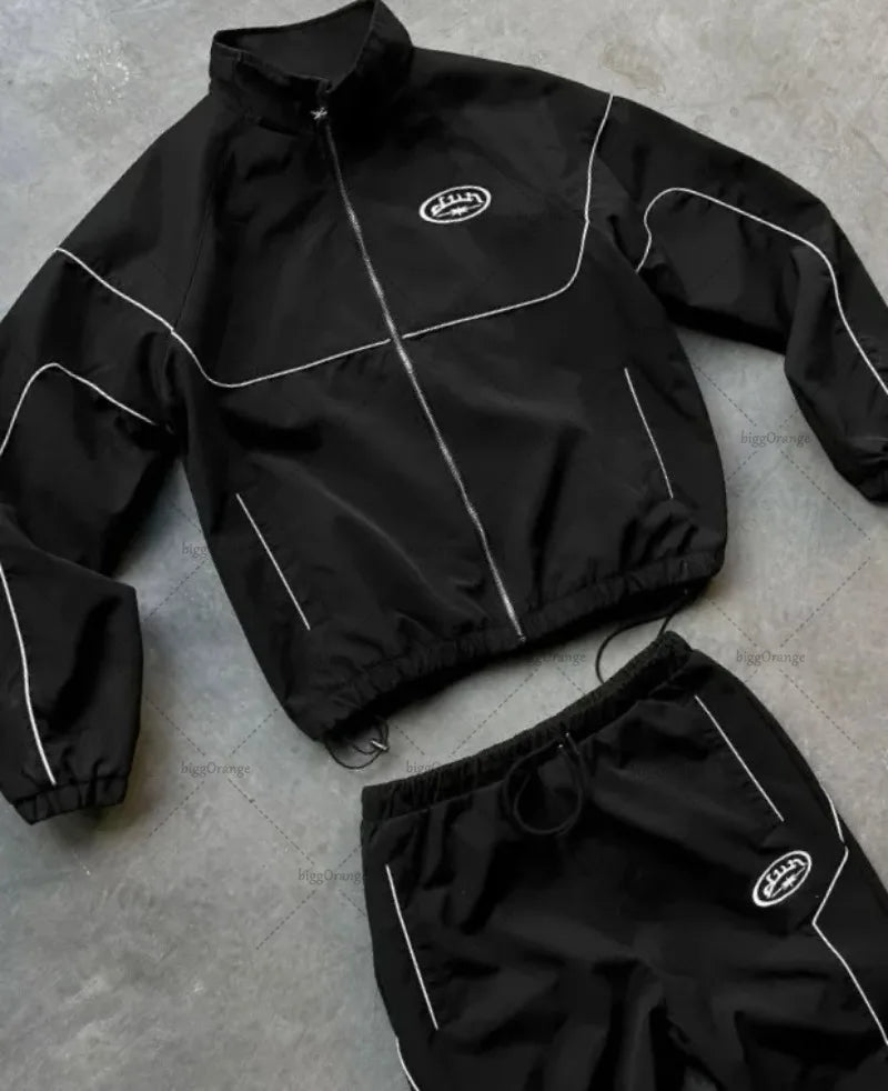 Streetwear Top fashion high street brand striped men set Y2K American new gothic Harajuku casual hoodie trend loose sweatshirt