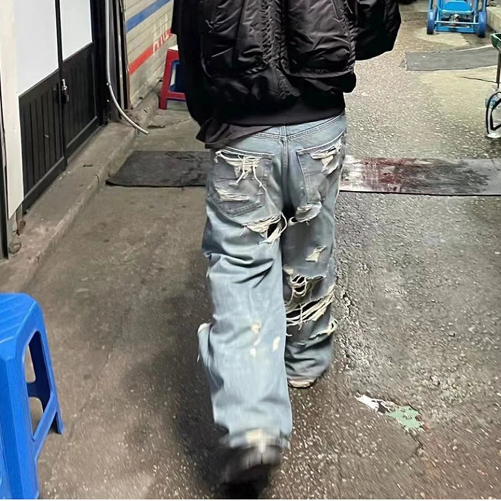Distressed Washed Blue Baggy Wide Leg Jeans for Men and Women Frayed Casual Denim Trousers Oversized Loose Cargo Pants