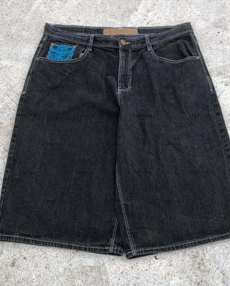 Street Hip-hop Personalized Pattern Fashionable Versatile Jeans Men American Harajuku Retro Casual Loose Straight Shorts Women