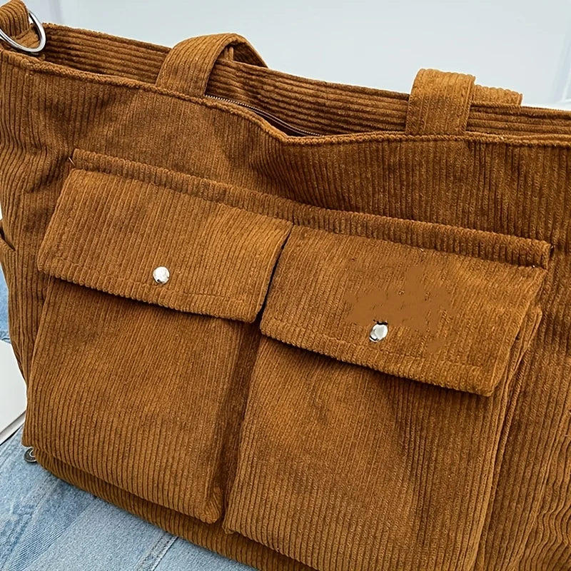 Large Capacity Corduroy Tote Bag for Women Versatile Shoulder Bag with Multiple Pockets Commuter Bag