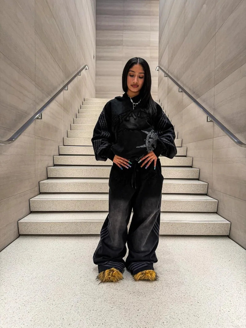 Washed Embroidered Striped Splicing Men Suit American Retro Double Waist Couple Wide Leg Pants Casual High Street Fashion Hoodie