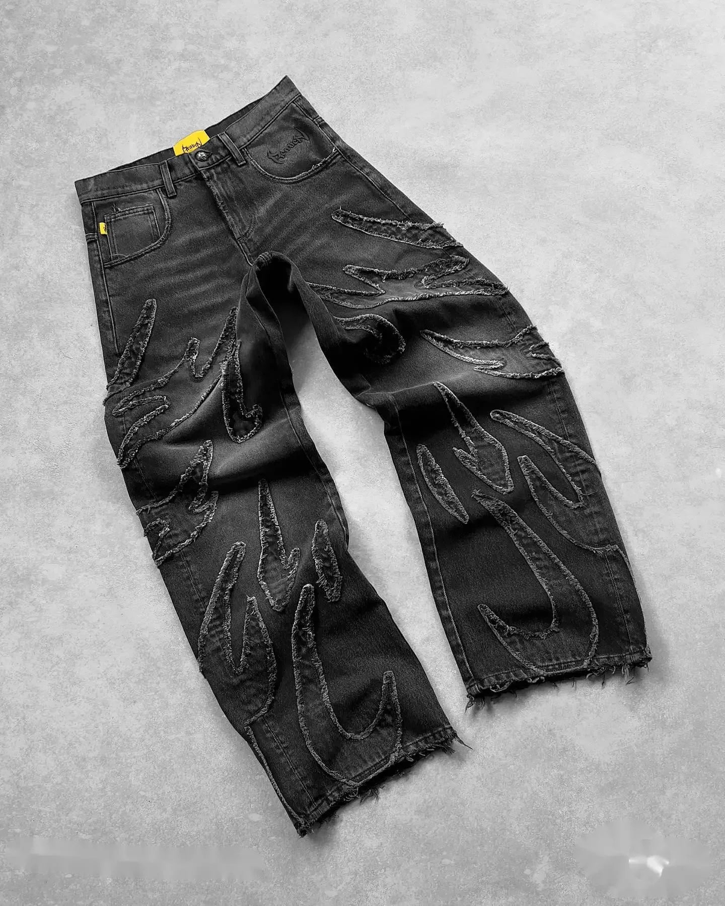 Y2k Retro Gothic Streetwear Raw Edge Embroidery Patchwork Baggy Jeans Men Fashion Hip Hop High Waist Denim Pants Ripped Jeans