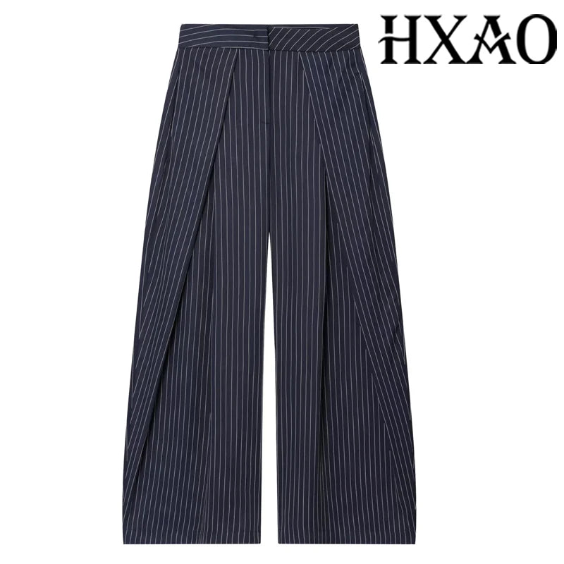 HXAO Women's Pants Baggy Wide Pants For Woman Minimalist Pleated Stripe Casual Pants Women Office Green Oversize Suit Trousers