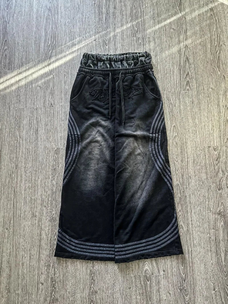 Washed Embroidered Striped Splicing Men Suit American Retro Double Waist Couple Wide Leg Pants Casual High Street Fashion Hoodie