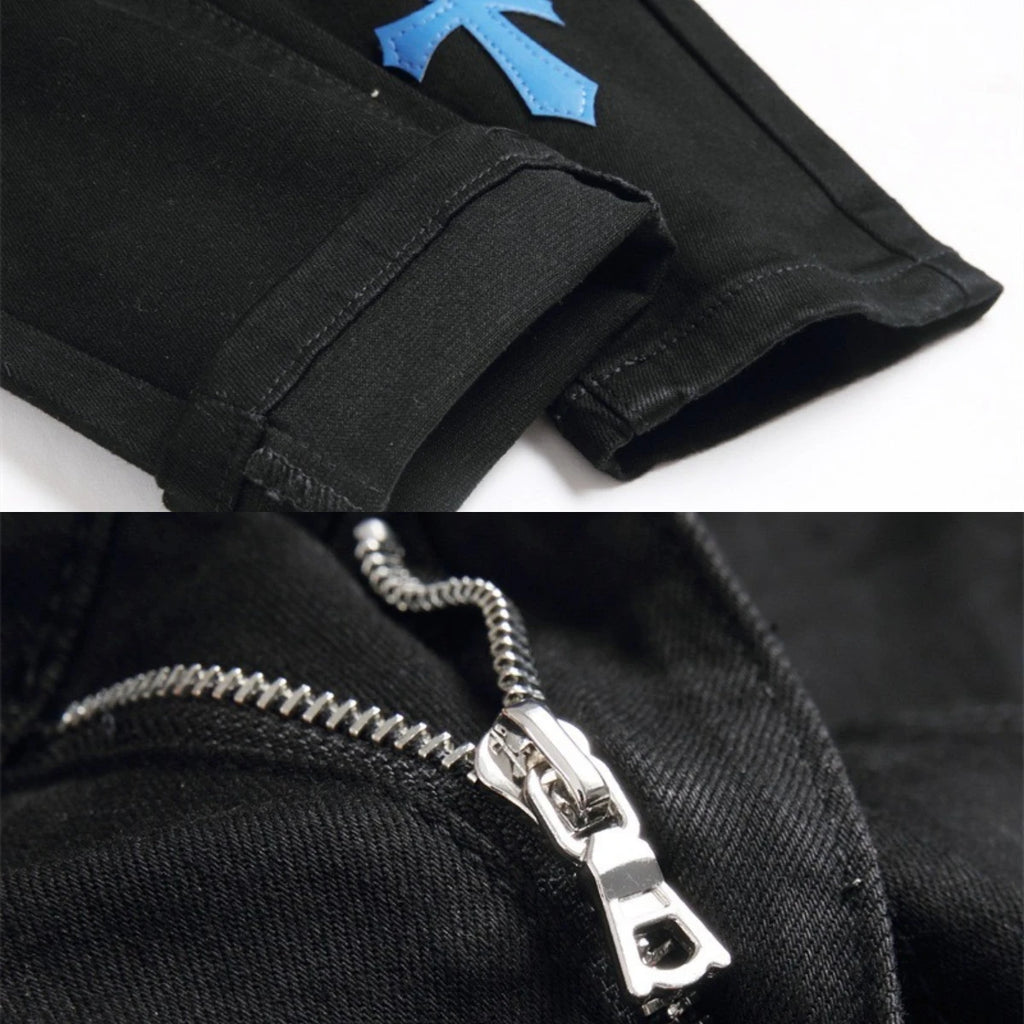 Diamond Cross Jeans Men's Feet Perforated Leather Splice Reflective Shiny Worn Embroidery Pants Silk Lining High Street Luxury 2