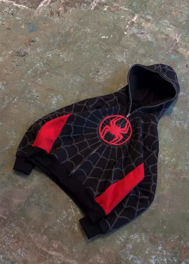 Grey Black Gothic Big Spider Pattern Patchwork Hooded Pullover Y2k Retro Loose Men Women Hip Hop Hoodie Jacket Street Sweatshirt