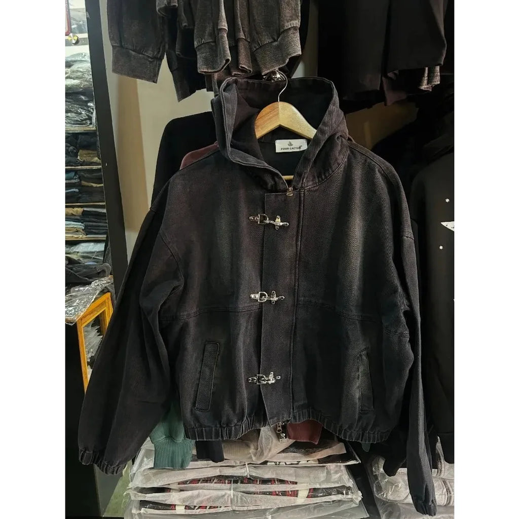 New Street Punk Clothing Fashion Metal Buttonoversized Hoodies Men Y2K American Retro Gothic Trendy Brand Casual Zipper Hoodie