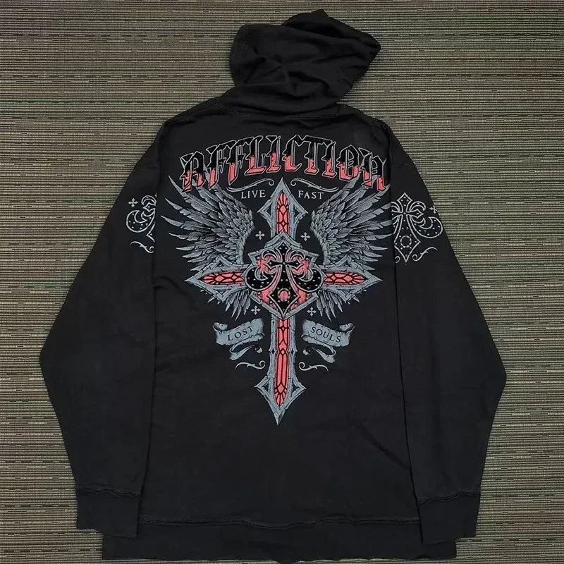 Pure Black Letter Print Hoodie Men Autumn and Winter Long-sleeved Harajuku Style Casual Hip-hop Element Hooded Sweatshirt