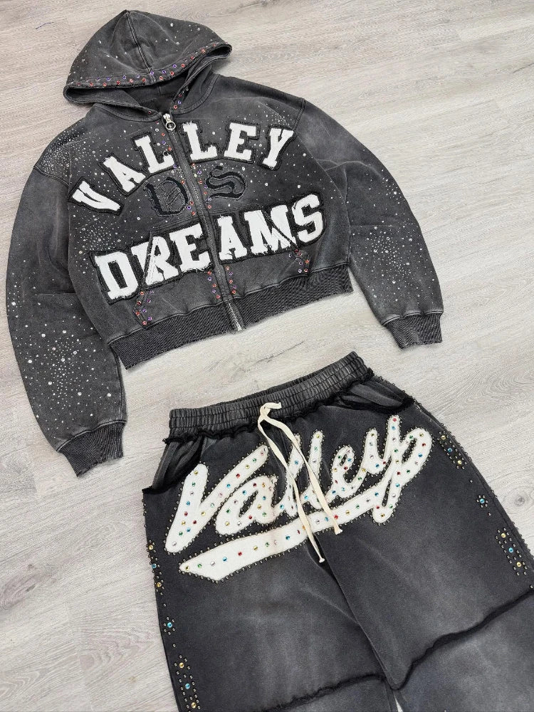 Hot Stamping Retro Dark Design Sense, Embroidered Fabric Hoodie, Trendy Loose Casual Pants, Unisex Hoodie Set