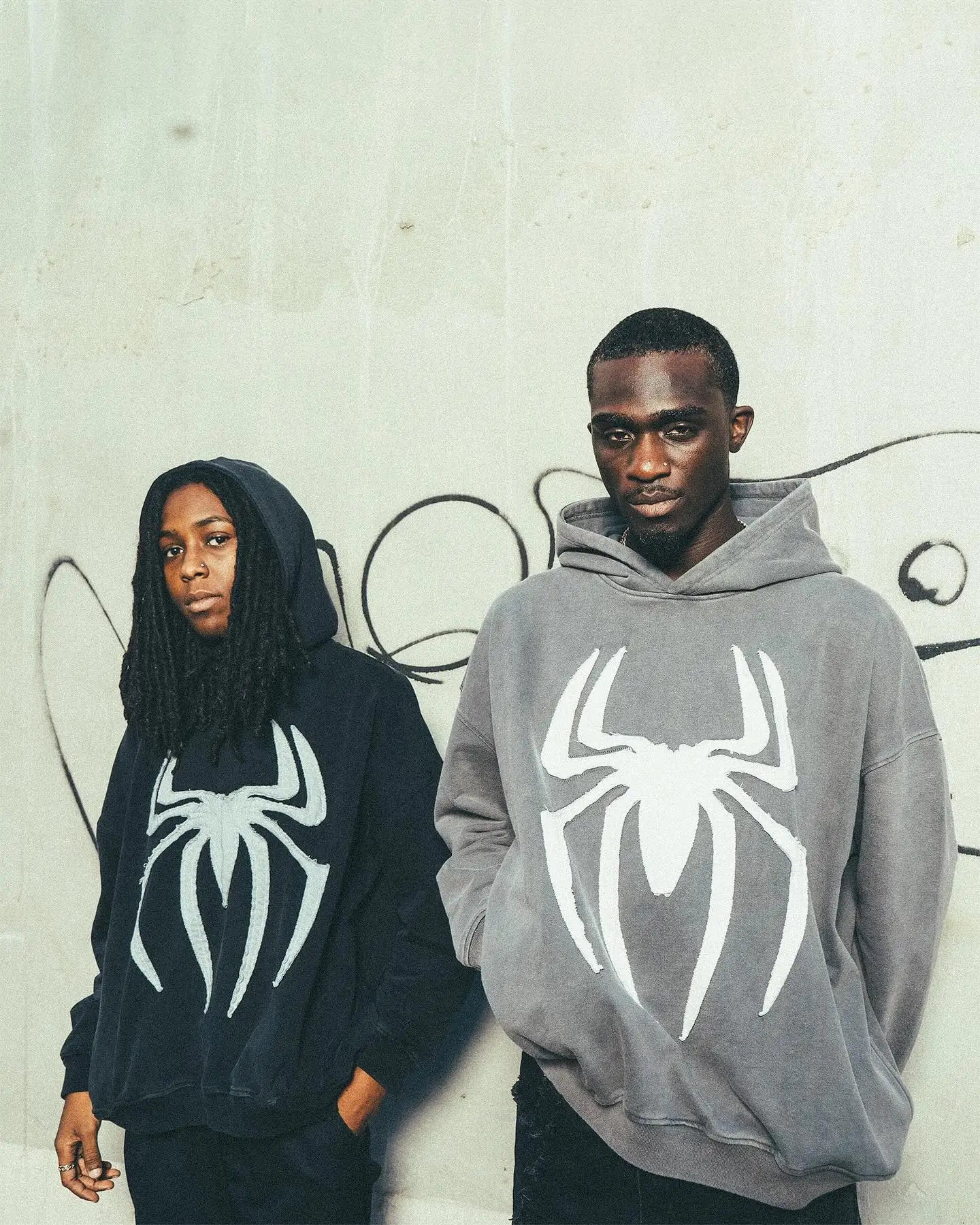 Grey Black Gothic Big Spider Pattern Patchwork Hooded Pullover Y2k Retro Loose Men Women Hip Hop Hoodie Jacket Street Sweatshirt